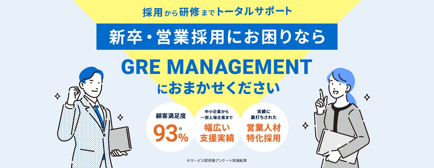 採用から研修までトータルサポート　新卒・営業採用にお困りならGRE MANAGEMENTにおまかせください　顧客満足度93%※ 中小企業から一部上場企業まで幅広い支援実績　実績に裏打ちされた営業人材特化採用　※サービス提供後アンケート実施結果