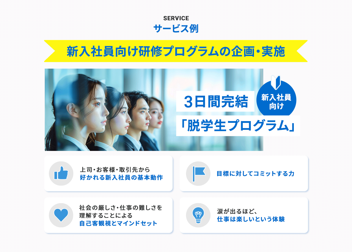 SERVICE サービス例 新入社員向け研修プログラムの企画・実施 新入社員向け　3日間完結「脱学生プログラム」 上司・お客様・取引先から好かれる新入社員の基本動作 目標に対してコミットする力 社会の厳しさ・仕事の難しさを理解することによる自己客観視とマインドセット 涙が出るほど、仕事は楽しいという体験