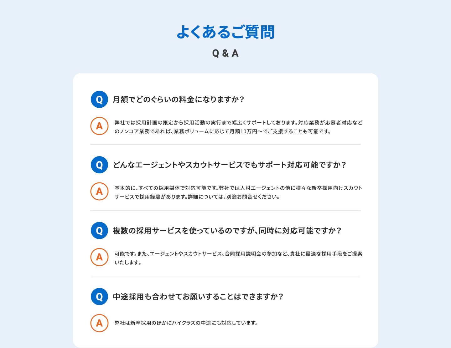 よくあるご質問　Q & A Q 月額でどのぐらいの料金になりますか？ A 弊社では採用計画の策定から採用活動の実行まで幅広くサポートしております。対応業務が応募者対応などのノンコア業務であれば、業務ボリュームに応じて月額10万円～でご支援することも可能です。 Q どんなエージェントやスカウトサービスでもサポート対応可能ですか？ A 基本的に、すべての採用媒体で対応可能です。弊社では人材エージェントの他に様々な新卒採用向けスカウトサービスで採用経験があります。詳細については、別途お問合せください。 Q 複数の採用サービスを使っているのですが、同時に対応可能ですか？ A可能です。また、エージェントやスカウトサービス、合同採用説明会の参加など、貴社に最適な採用手段をご提案いたします。 Q 中途採用も合わせてお願いすることはできますか？ A 弊社は新卒採用のほかにハイクラスの中途にも対応しています。