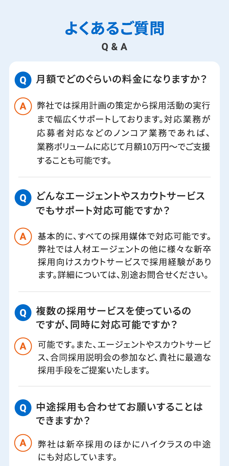 よくあるご質問　Q & A Q 月額でどのぐらいの料金になりますか？ A 弊社では採用計画の策定から採用活動の実行まで幅広くサポートしております。対応業務が応募者対応などのノンコア業務であれば、業務ボリュームに応じて月額10万円～でご支援することも可能です。 Q どんなエージェントやスカウトサービスでもサポート対応可能ですか？ A 基本的に、すべての採用媒体で対応可能です。弊社では人材エージェントの他に様々な新卒採用向けスカウトサービスで採用経験があります。詳細については、別途お問合せください。 Q 複数の採用サービスを使っているのですが、同時に対応可能ですか？ A可能です。また、エージェントやスカウトサービス、合同採用説明会の参加など、貴社に最適な採用手段をご提案いたします。 Q 中途採用も合わせてお願いすることはできますか？ A 弊社は新卒採用のほかにハイクラスの中途にも対応しています。