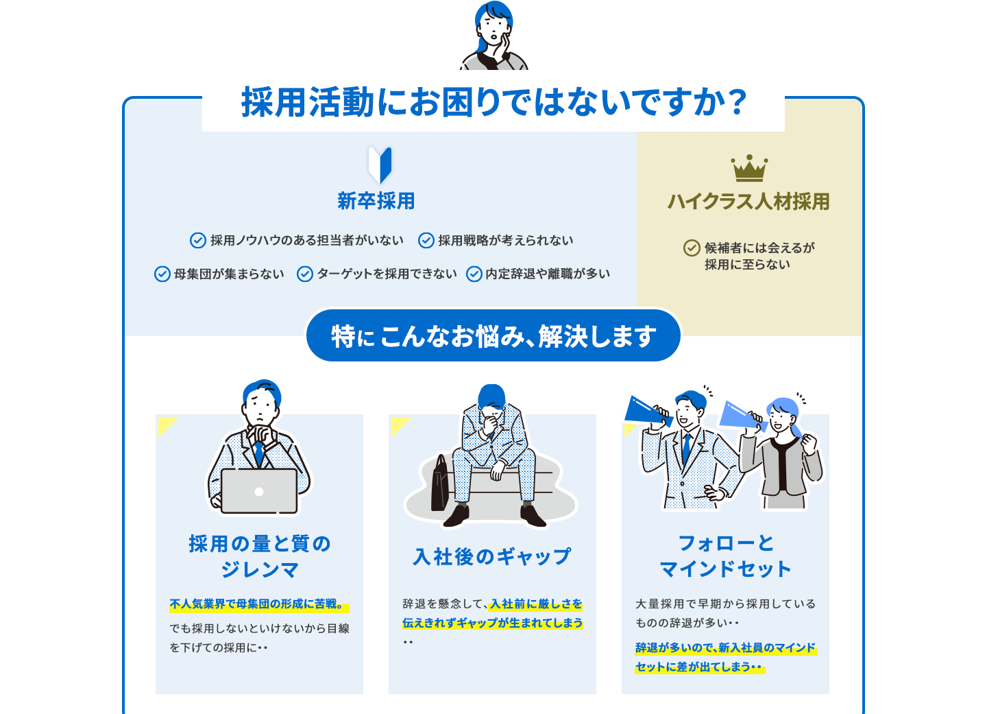 採用活動にお困りではないですか？『新卒採用』 採用ノウハウのある担当者がいない 採用戦略が考えられない 母集団が集まらない ターゲットを採用できない 内定辞退や離職が多い 「ハイクラス人材採用』 候補者には会えるが採用に至らない 特にこんなお悩み、解決します 採用の量と質のジレンマ　不人気業界で母集団の形成に苦戦。でも採用しないといけないから目線を下げての採用に・・ 入社後のギャップ 辞退を懸念して、入社前に厳しさを伝えきれずにギャップが生まれてしまう・・ フォローとマインドセット 大量採用で早期から採用しているものの辞退が多い・・ 辞退が多いので、新入社員のマインドセットに差が出てしまう・・